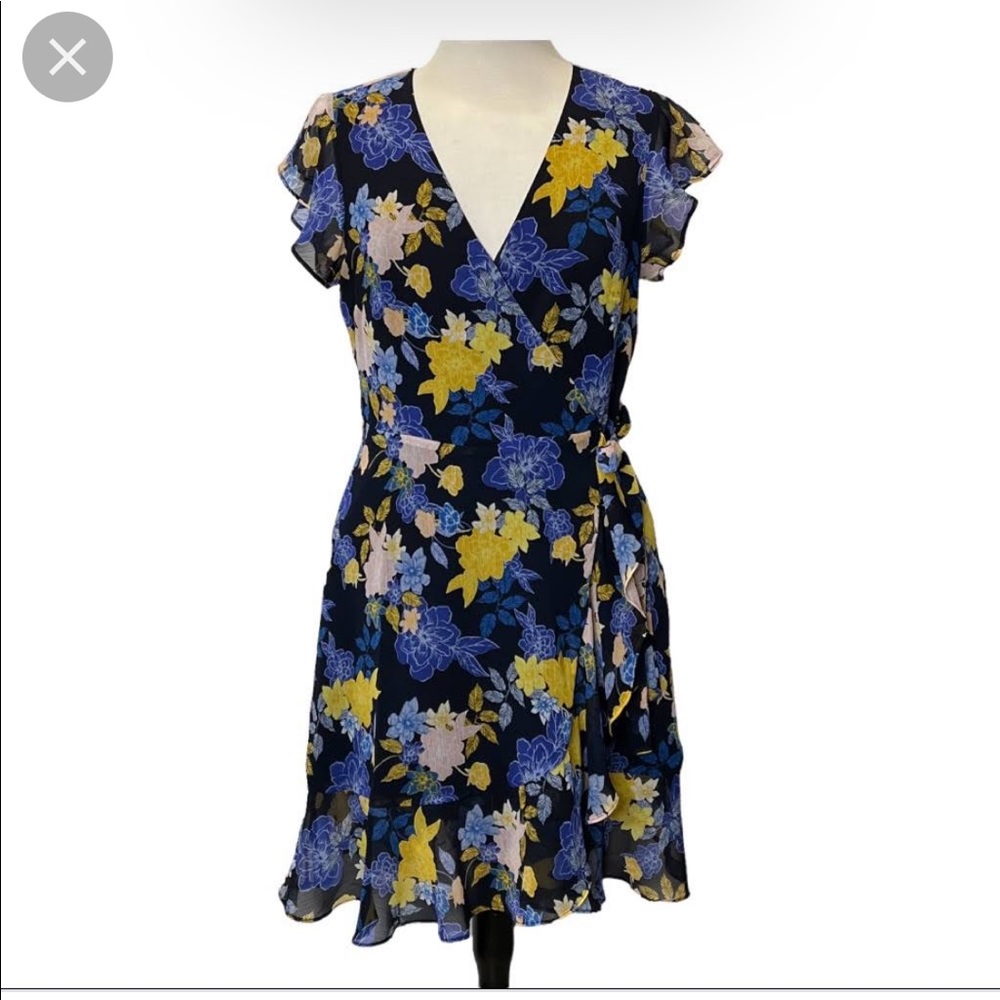 Navy Floral Faux Wrap Ruffle Dress